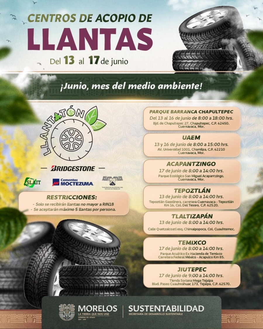 Invita Gobierno de Morelos a la población a sumarse a la 'Campaña de acopio de llantas usadas'