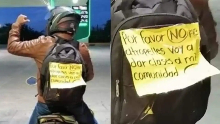 ‘No me atropelles, voy a dar clases’: Maestro viaja en moto y porta letrero para evitar accidentes