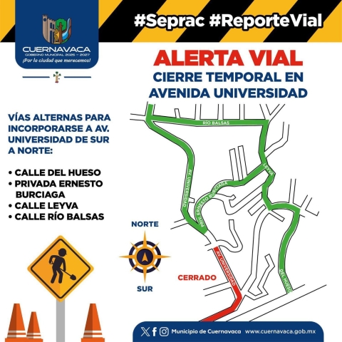 Invita Seprac a utilizar vías alternas mientras se reabre avenida Universidad