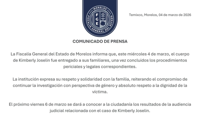 Entrega FGE cuerpo de Kimberly Joselin a sus familiares