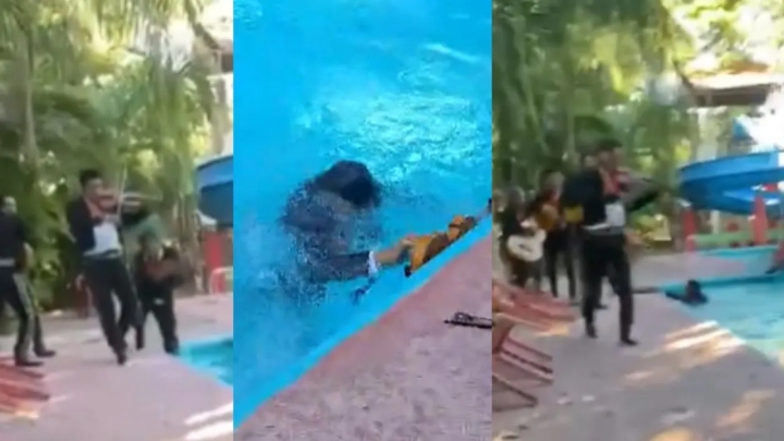 ¡Al agua pato!: Mariachi cae a alberca en plena serenata