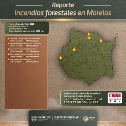 De los cinco incendios forestales activos en Morelos, cuatro tienen el 100% de control: SDS