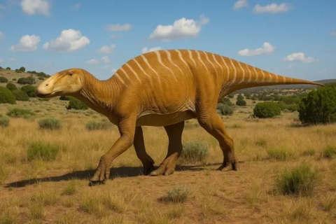 Recreación en vida de Ahshislesaurus wimani, elaborada a partir del holotipo y comparaciones con especies emparentadas. Recreación artística. 