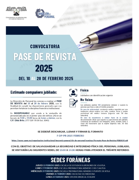 Realizará UAEM Pase de Revista de personal jubilado