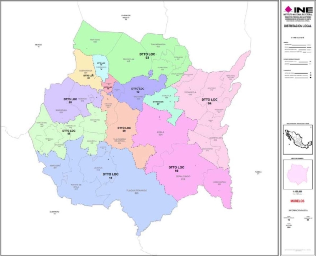 Éste es el nuevo mapa de los 12 distritos locales que tiene el estado de Morelos. En algunos casos, el cambio fue notorio y destaca la aparición de dos distritos indígenas.