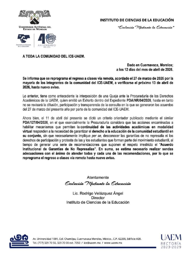 Marcha atr&aacute;s a regreso a actividades en ICE UAEM 