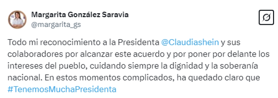 Reconoce gobernadora Margarita González Saravia negociación de la presidenta Claudia Sheinbaum