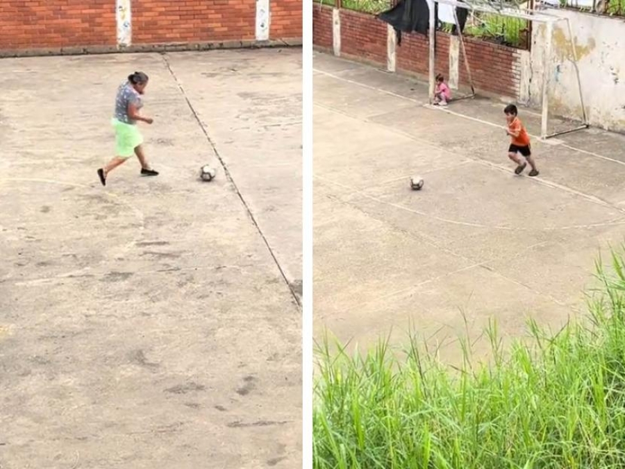 La 'Maradoña': Abuelita se viraliza por jugar fútbol con su nieto