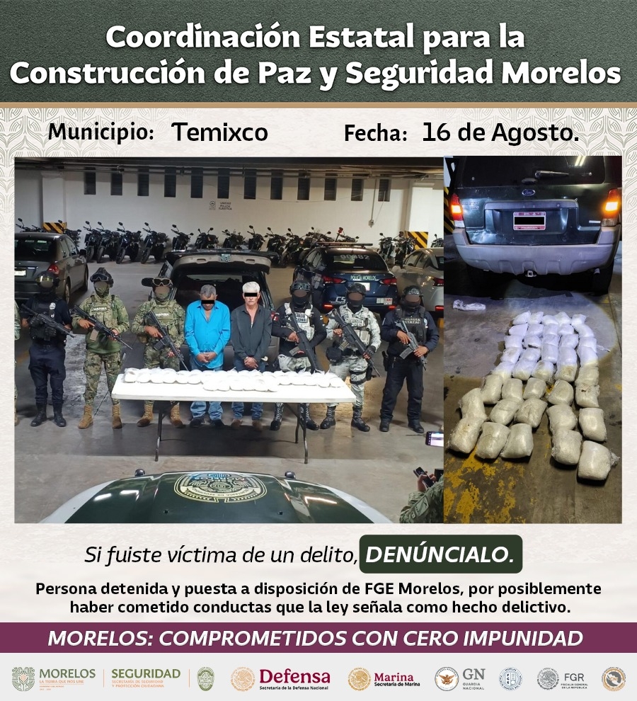 Aseguran integrantes de la Mesa de Coordinación Estatal a dos personas con 40 kilos de sustancia similar al 'cristal'