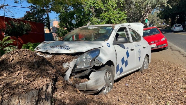 El taxi terminó impactado junto a la carretera.