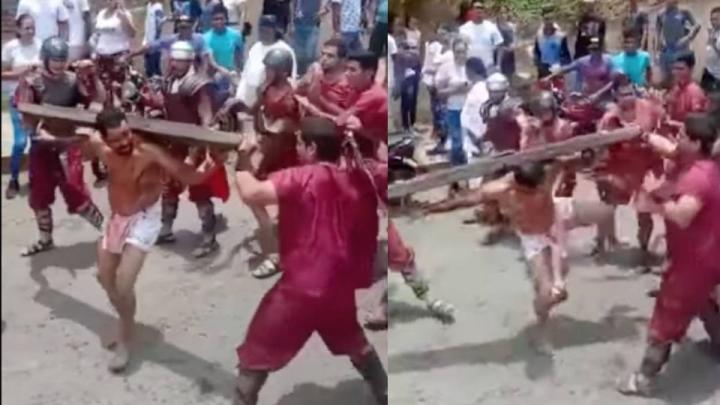 Azotan salvajemente a Jesús en viacrucis y trata de defenderse con patadas