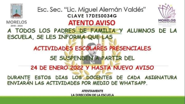 Por casos de covid, suspenden clases presenciales en secundaria ixtleca