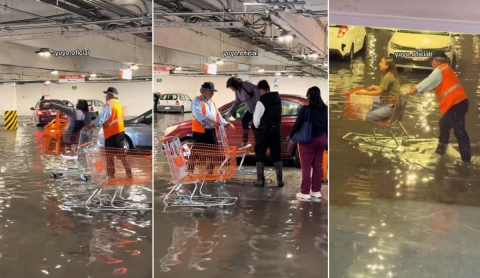 ‘Viene viene’ usa carrito de supermercado para transportar personas durante inundación en Puebla