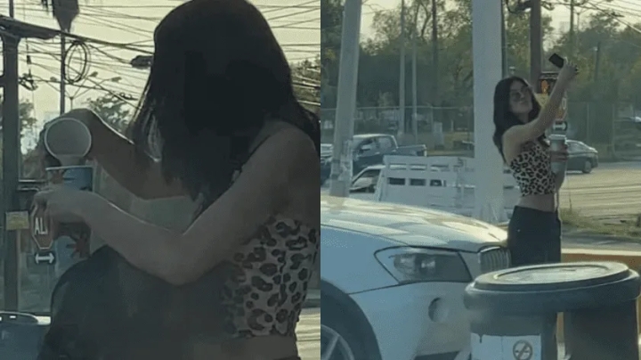 ¡Para una &#039;Selfie&#039;! Captan a joven vaciando café de Oxxo a un vaso de Starbucks