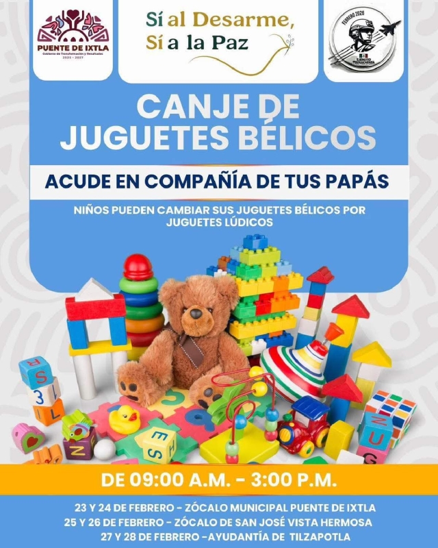  Realizar&aacute;n canje de juguetes b&eacute;licos en Puente de Ixtla