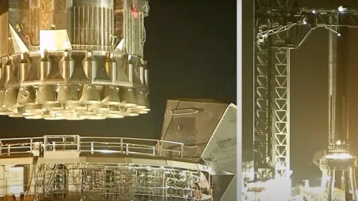 Torre-grúa Mechazilla de SpaceX levanta por primera vez el cohete Super Heavy