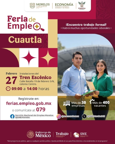 Ofertar&aacute;n m&aacute;s de 400 vacantes en Feria del Empleo 2026 en Cuautla