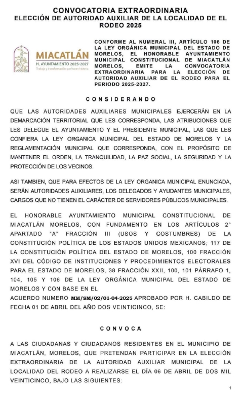Convocan a elección extraordinaria para ayudante en El Rodeo