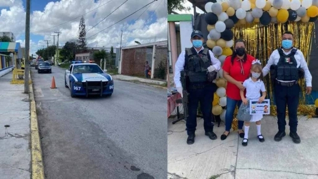 Policías escoltaron a una niña durante su graduación.