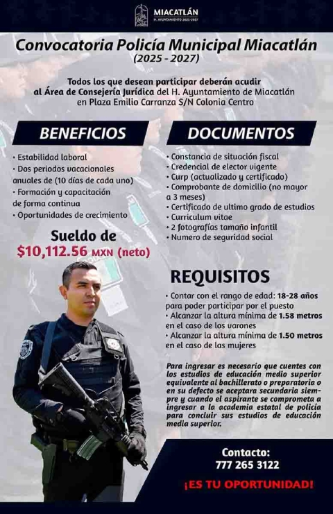 Abierta, convocatoria para sumarse a la Policía de Miacatlán