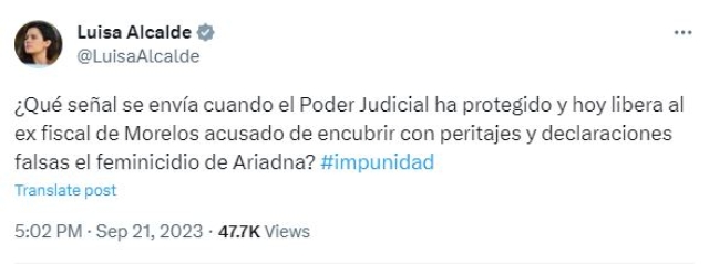 Cuestiona secretaria de Gobernación al Poder Judicial por la liberación del fiscal de Morelos