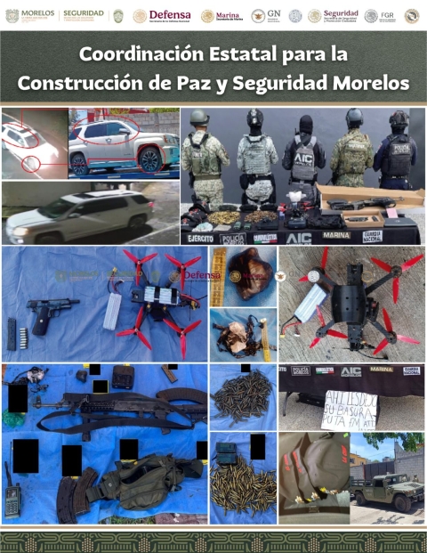 Aseguraron integrantes de la Mesa de Coordinación Estatal domicilio, camioneta, armas y municiones de alto poder en Jiutepec