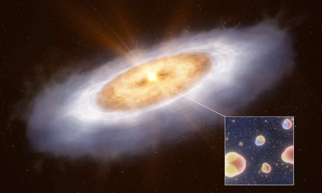 Representación artística del disco de formación planetaria que hay alrededor de la estrella V883 Orionis.