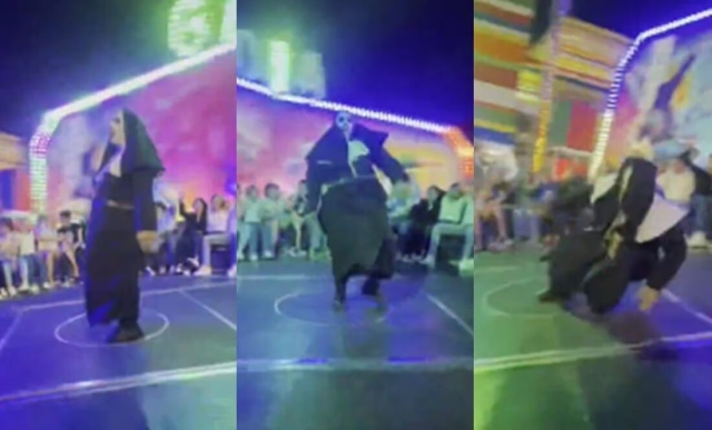 ¡Increíble caída! La &#039;monja de la feria&#039; sorprende al perder el equilibrio en pleno baile