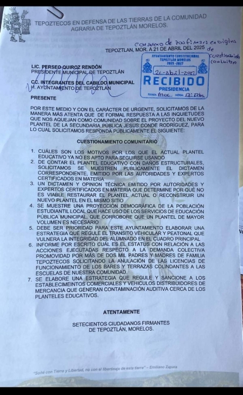 Organizaciones civiles realizan las gestiones ante el Ayuntamiento de Tepoztlán para evitar la reubicación de la escuela secundaria “Jesús Conde Rodríguez”. 