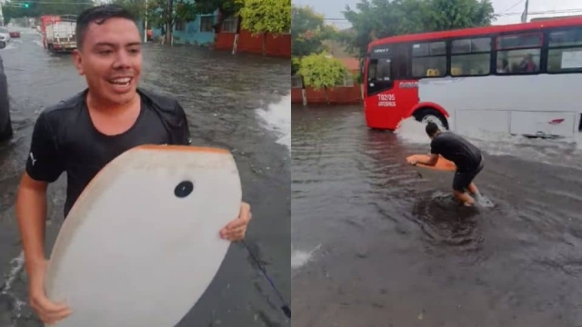 Joven surfea en calles de Guadalajara.