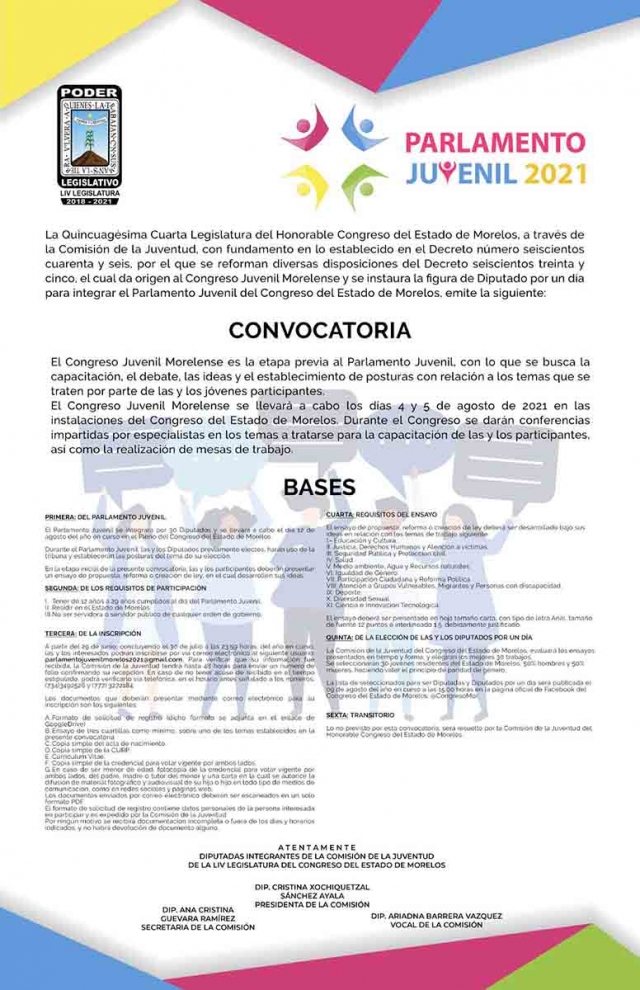 Autoridades llamaron a los jóvenes a participar en el Parlamento Juvenil, que elegirá a 30 diputados por un día, los cuales podrán utilizar la tribuna del Congreso del estado.