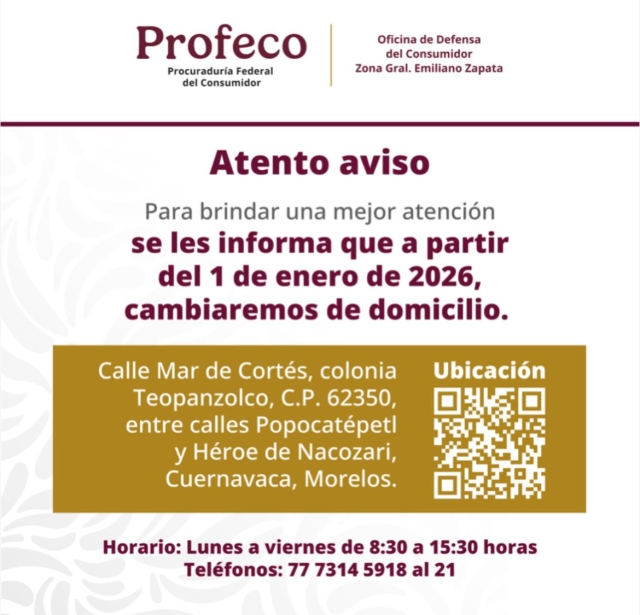 Informa Profeco cambio de domicilio de su oficina en Cuernavaca