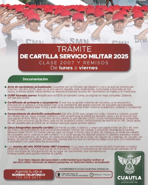 Convocan a jóvenes de Cuautla a tramitar su Cartilla del Servicio Militar Nacional
