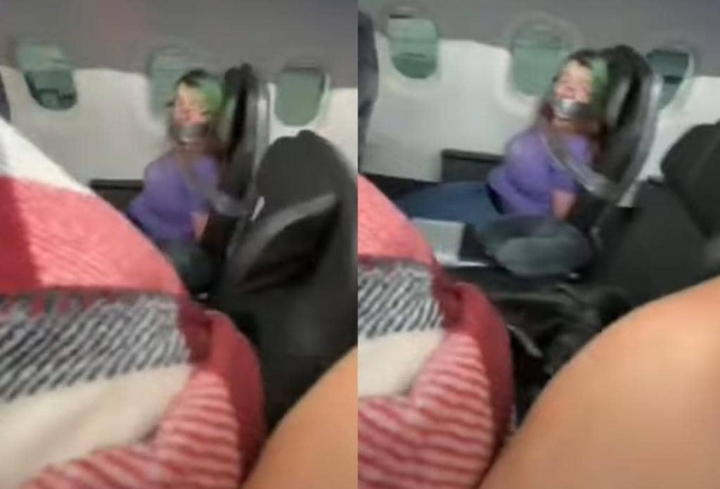 Amarran a una mujer con cinta adhesiva al asiento de un avión.