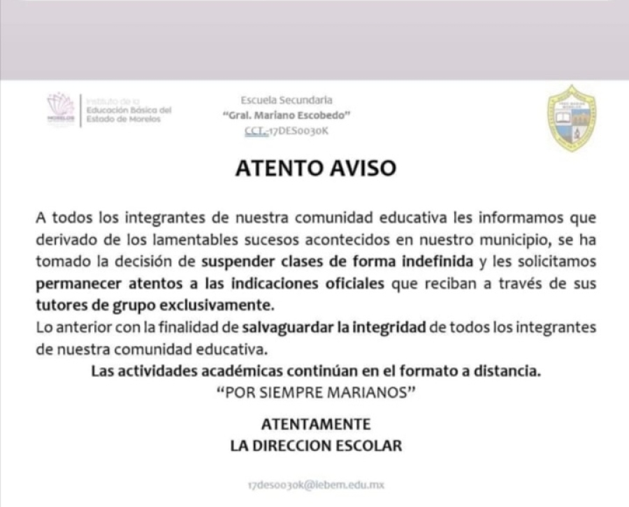 Suspendieron clases en escuelas de Huitzilac, este lunes