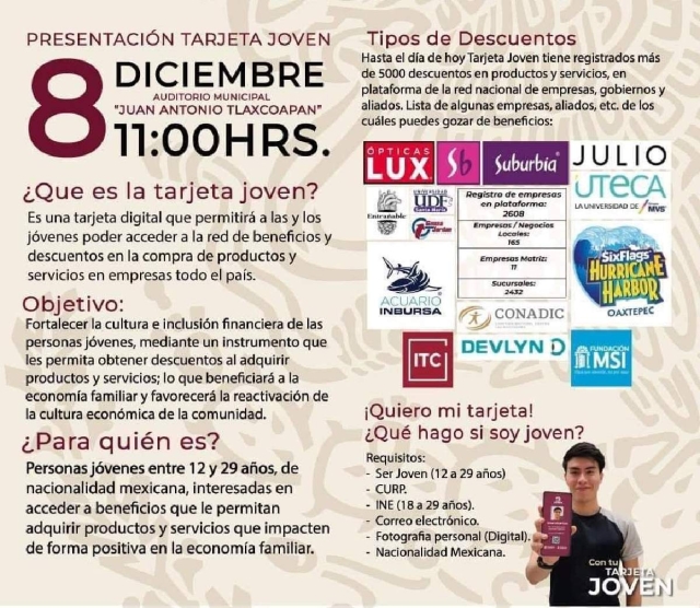 Este viernes será el registro masivo de jóvenes al programa de “Tarjeta Joven Digital”, con la que se obtendrán descuentos en todo el municipio, estado y país.