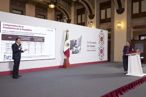 El secretario de Educación federal, Mario Delgado, explicó los decretos sobre movilidad y edad de jubilación de los maestros en la conferencia de ayer de la presidenta Claudia Sheinbaum. 