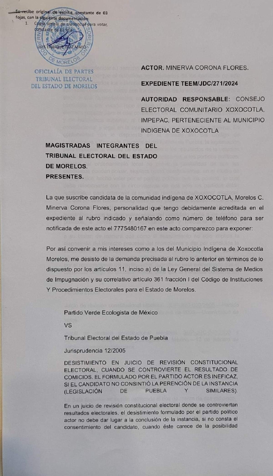 Documento presentado por Minerva Corona al Tribunal Electoral.
