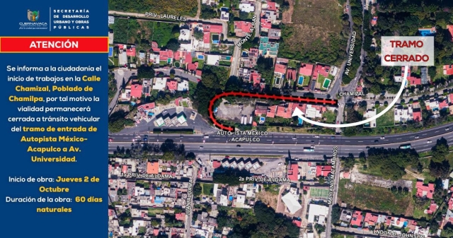 Inician este jueves trabajos sobre calle Chamizal, en Cuernavaca; estará cerrada al tránsito