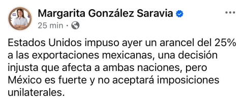 Refrenda gobernadora Margarita González Saravia apoyo a Sheinbaum Pardo, tras imposición de aranceles