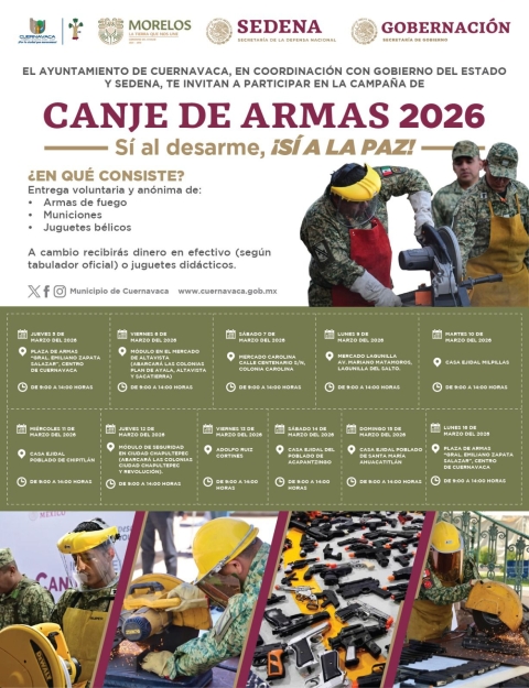 Cuernavaca se suma a la campa&ntilde;a nacional 'S&iacute; al desarme, s&iacute; a la paz' para prevenir delitos de alto impacto