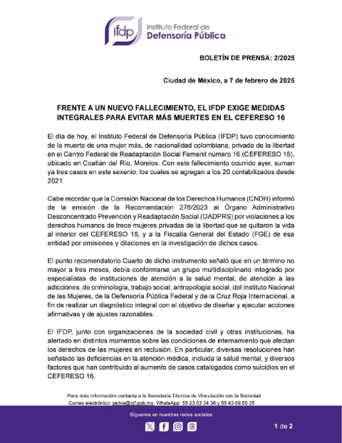 Denuncian otro fallecimiento de interna en el Cefereso 16