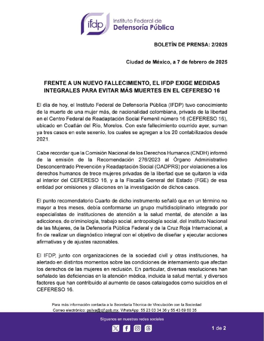 Denuncian otro fallecimiento de interna en el Cefereso 16