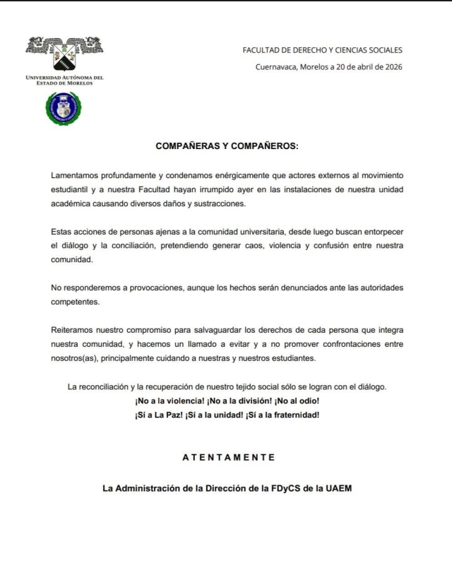 Condena Facultad de Derecho irrupci&oacute;n de grupos externos y da&ntilde;os en sus instalaciones