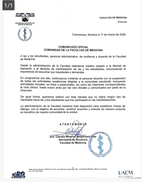 Se mantendr&aacute;n suspendidas actividades acad&eacute;micas virtuales, en l&iacute;nea y presenciales, informa Facultad de Medicina de UAEM