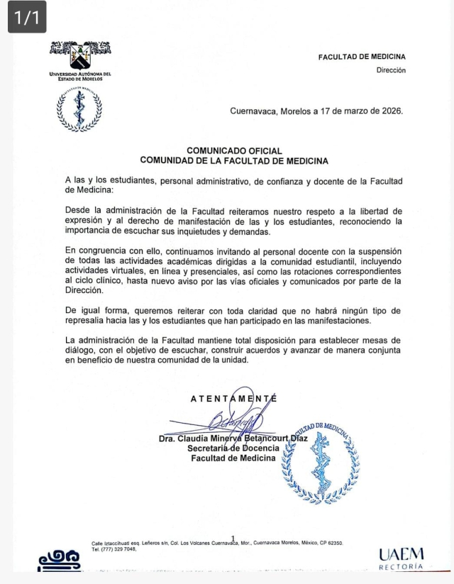 Se mantendr&aacute;n suspendidas actividades acad&eacute;micas virtuales, en l&iacute;nea y presenciales, informa Facultad de Medicina de UAEM