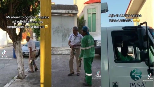 Abuelito da regalos a trabajadores de la basura.