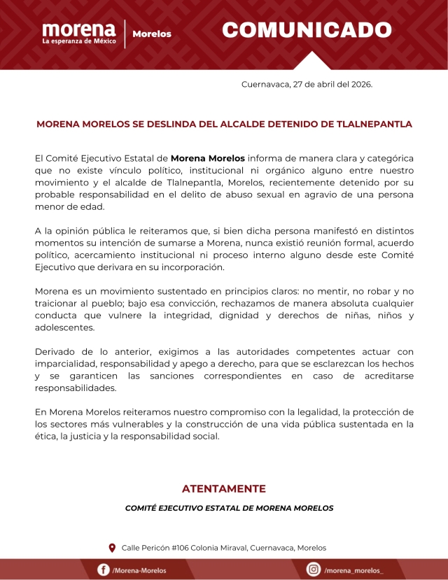 Morena Morelos se deslinda del alcalde detenido de Tlalnepantla