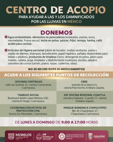 Instala Gobierno de Morelos centros de acopio en apoyo a familias afectadas por lluvias en diversos estados de la República