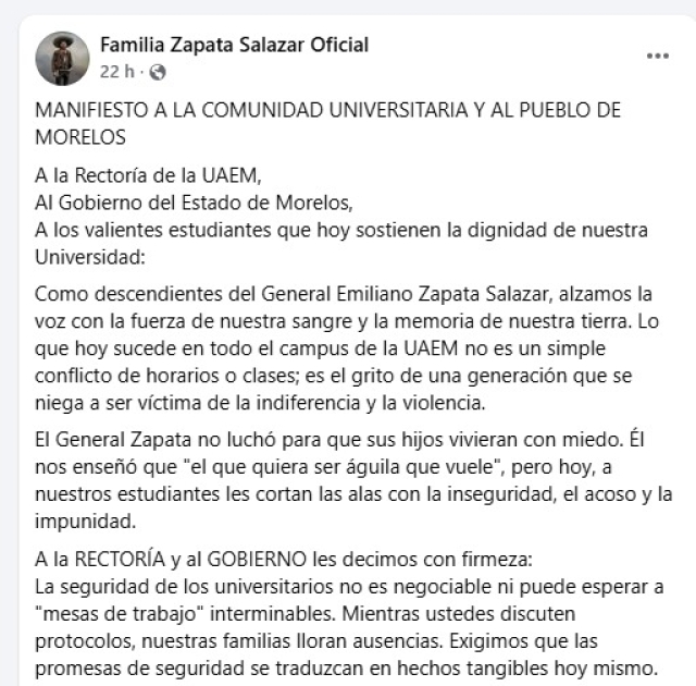 Descendientes de Emiliano Zapata se pronuncian por exigencia de soluciones concretas en materia de seguridad en la UAEM